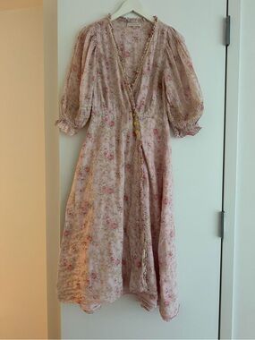 LoveShackFancy Pink Floral Puff-Sleeve Midi Dress